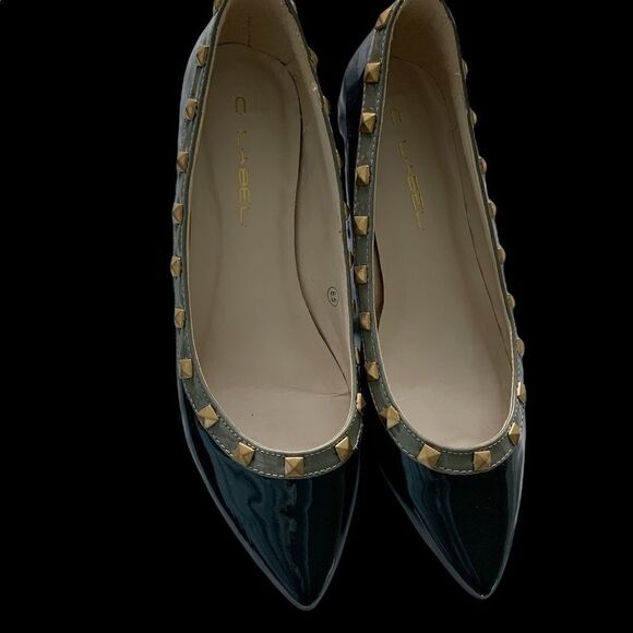 C.Label  Black Grey Patent Leather Rock Stud Flats 6.5 - Picture 6 of 8